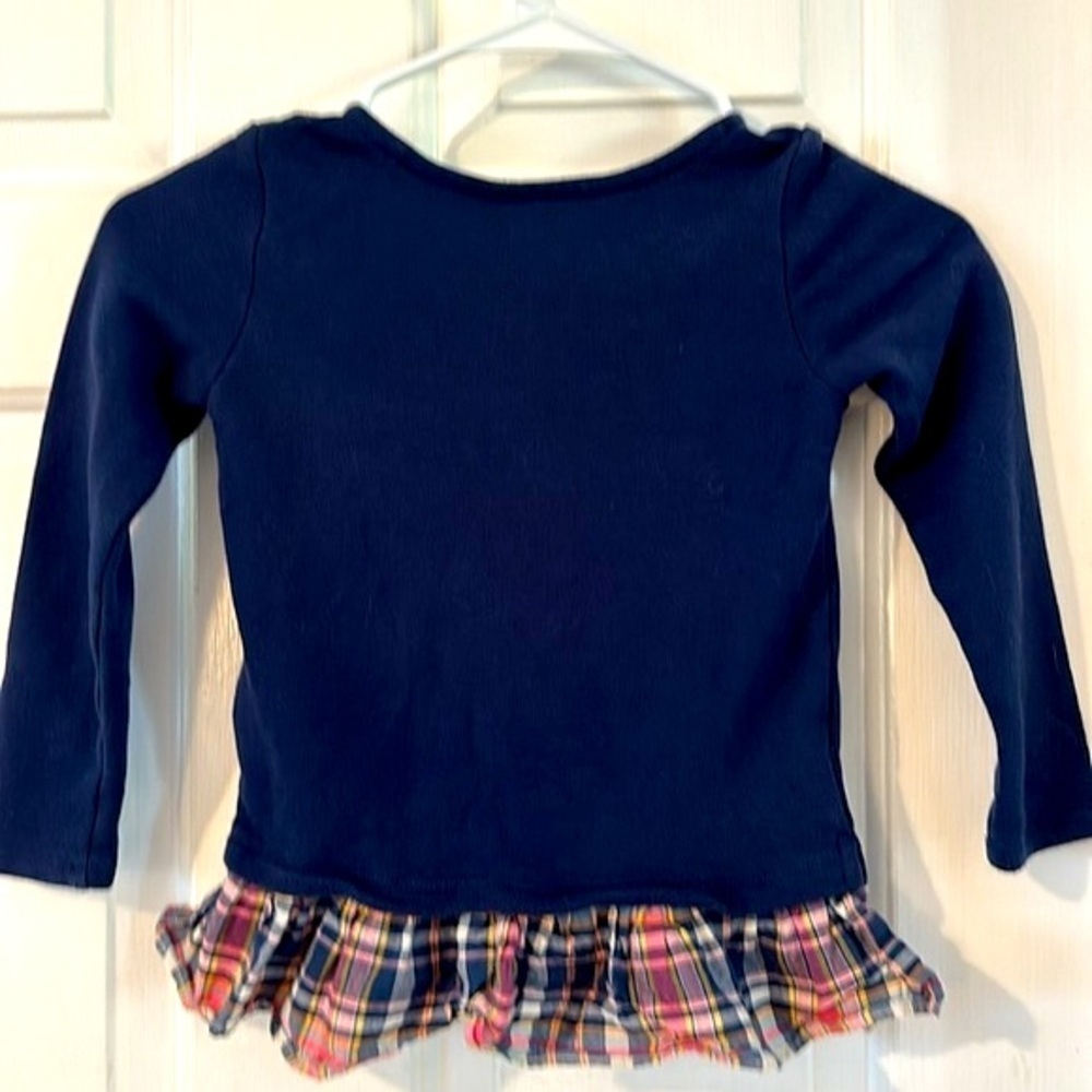Girl’s Polo Ralph Lauren Blue Long Sleeve Sweatshirt with Plaid Ruffle Bottom - Picture 5 of 6